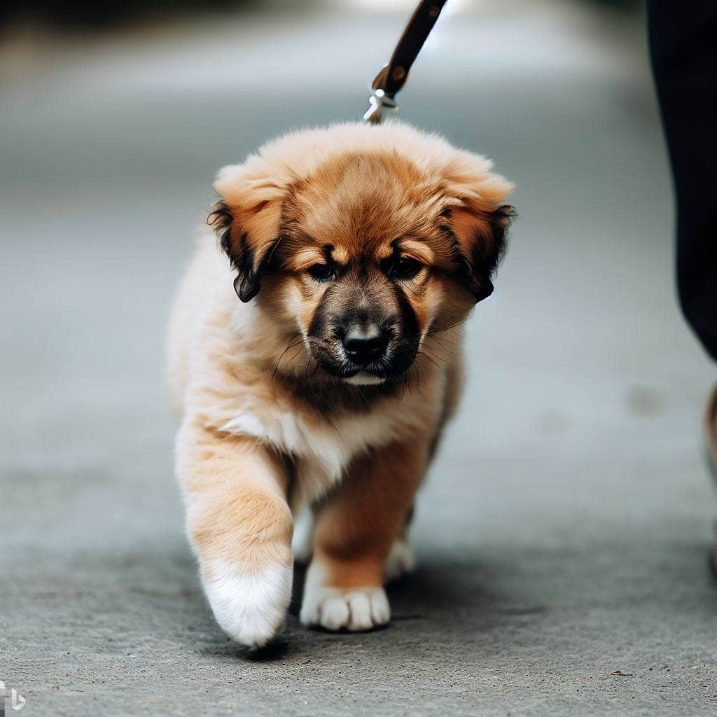 puppy walking with a leash