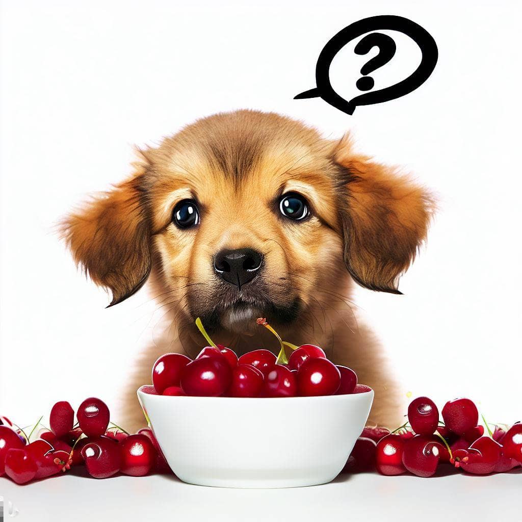 A cute puppy looking at a bowl of cherries with a question mark wondering can puppies eat cherries