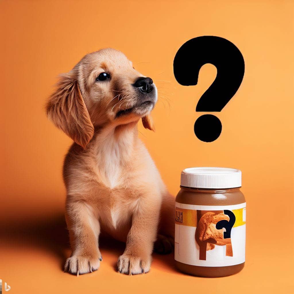a cute puppy looking at a jar of peanut butter wondering if it can eat it