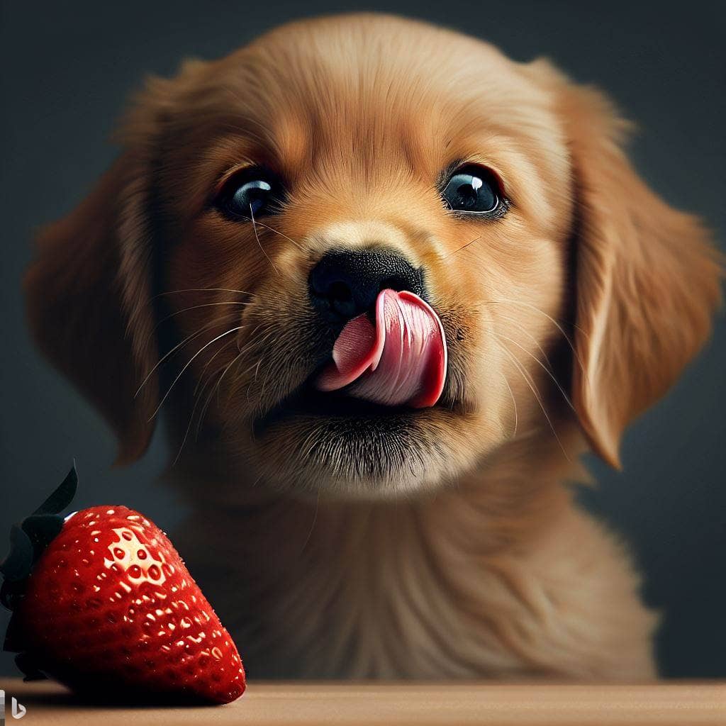 Can puppy eat strawberry? This picture of a cute puppy looking at a strawberry wants to know.