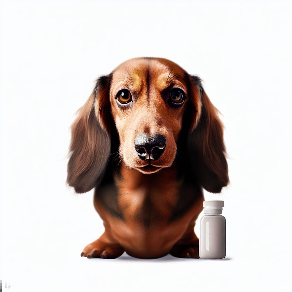 what pain relievers can you give to dogs image of a dachshund with a pill bottle beside it