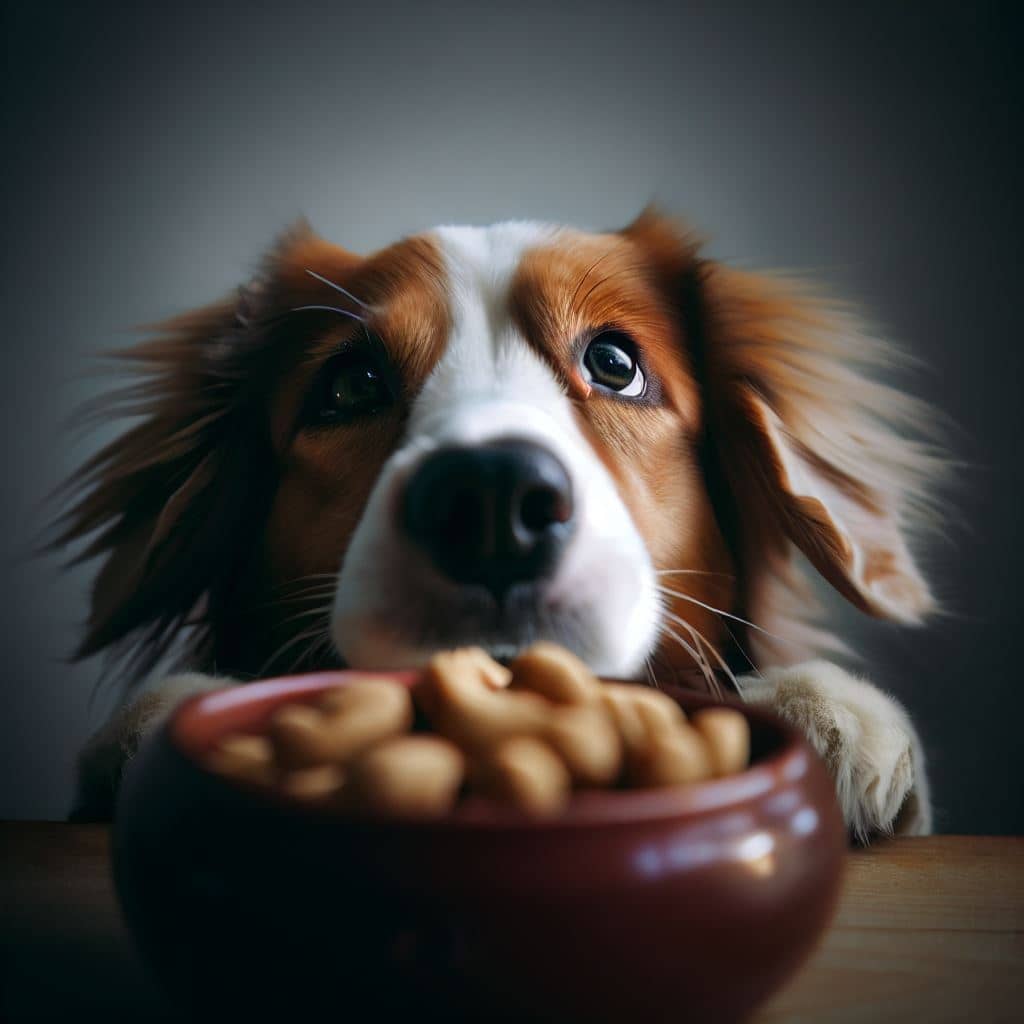a dog looking at a bowl of cashews for the post titled can a dog eat cashew nuts