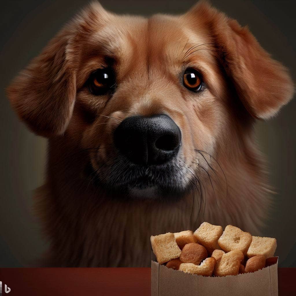 a picture of a dog looking at a bag of croutons for a post titles, can a dog eat croutons