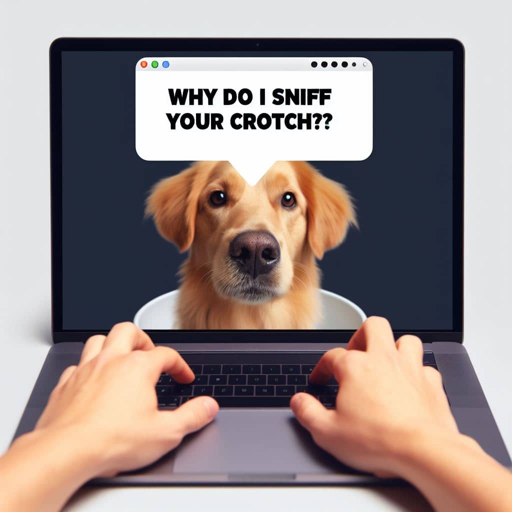 why do dogs sniff your crotch header image of a dog with the question why do I sniff your crotch