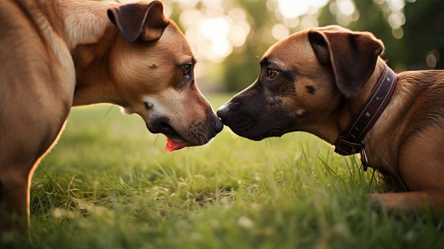 Dog sniffing another dog's butt